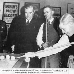 Walter Lindrum at his Melbourne billiards hall, with Prime Minister Robert Menzies