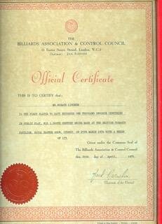 Official Certificate, Billiards Association & Control Council
